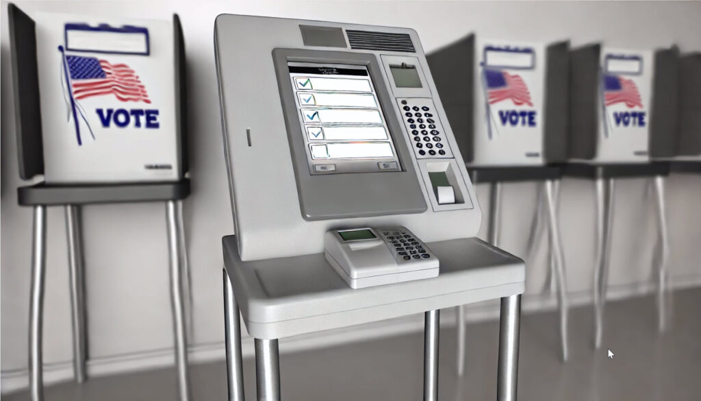 image of a modern electronic voting machine in a polling station. It features a touch screen interface