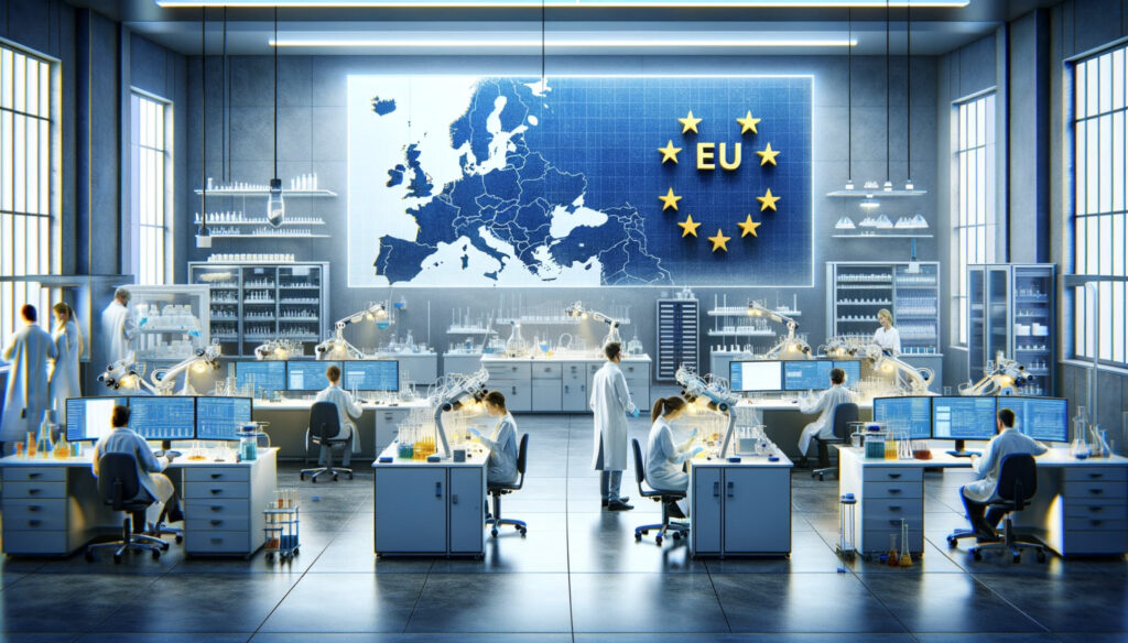 Image of a modern lab with a large map of the EU