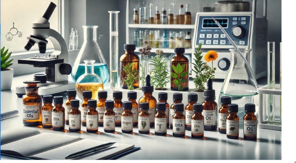 image of various essential oils on a laboratory bench indicating the importance of essential oil testing.
