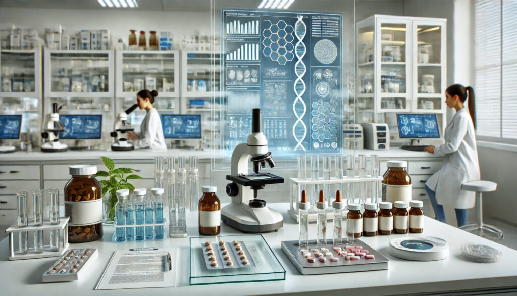 image showing a modern laboratory bench displaying a variety of pharmaceutical products