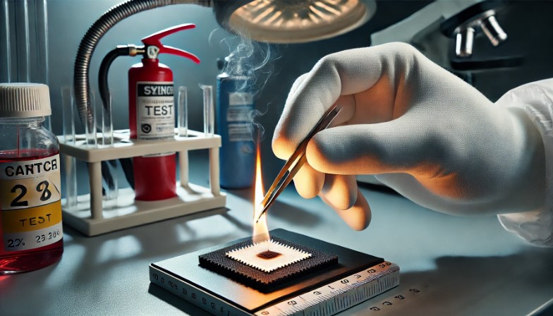 image showing a gloved hand performing a burn test on a 2-inch square piece of fabric in a controlled laboratory environment. The scene highlights the careful and precise nature of the testing process.