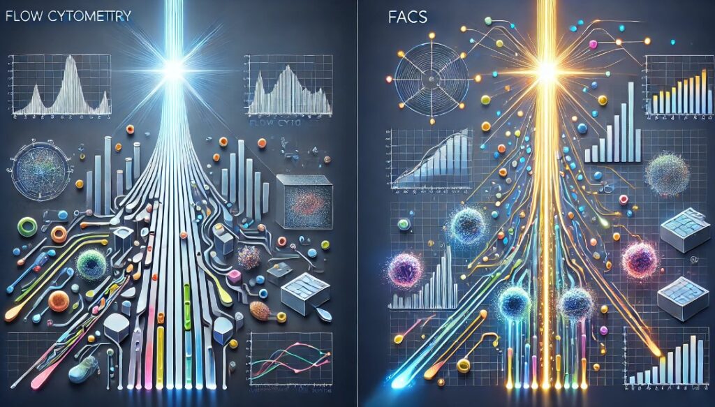 conceptual and scientific illustration comparing Flow Cytometry and FACS. The left side represents Flow Cytometry with abstract geometric shapes moving in a structured
