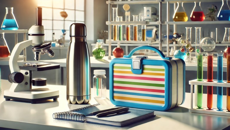 image of a school lunchbox and thermos placed on a modern laboratory bench