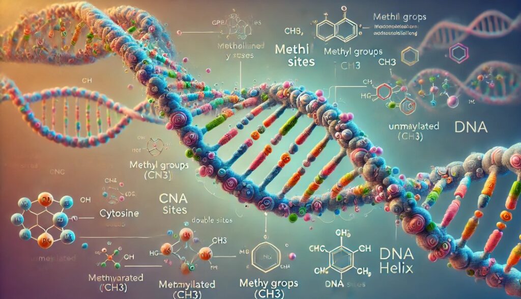 image illustrating the concept of genetic methylation. This image shows a DNA double helix with highlighted CpG sites