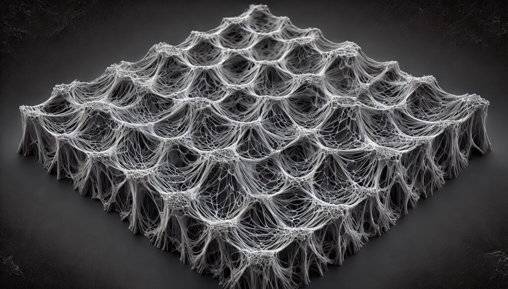 illustration of the intricate structure of graphene nanofibers showing a detailed mesh of grey fibres on a black background