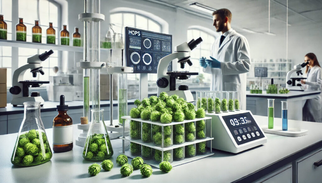 Iamge of a modern food testing lab with hops in test tubes on a lab bench