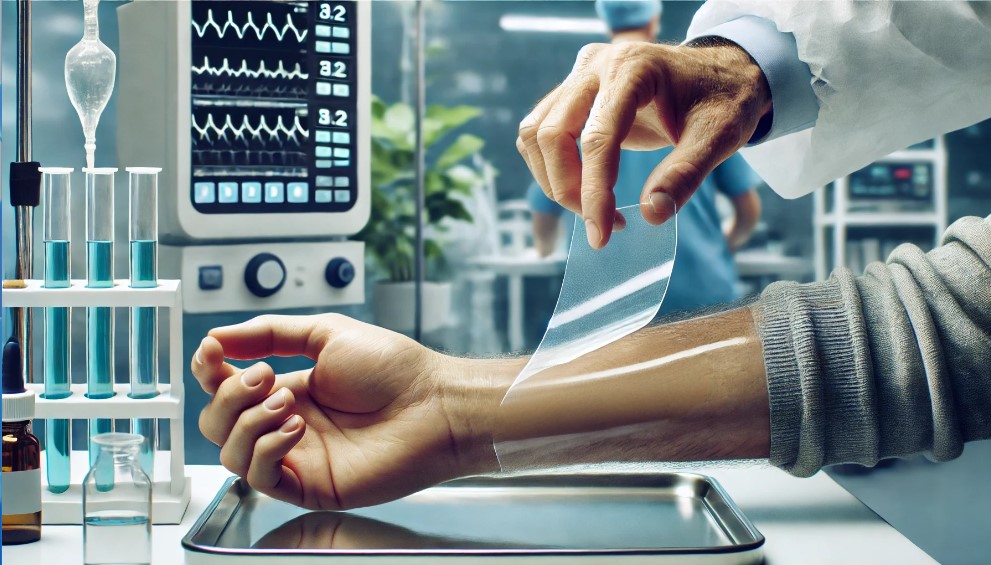 Image of a film being applied to a patient's arm to determine skin adhesion