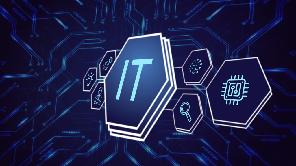 The word "IT" on a pattern of vectors as part of a presentation.