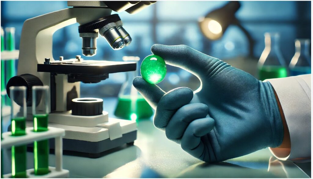 Green jade jemstone in the hand of a laboratory technician emphasing the importance of Jade testing and certification