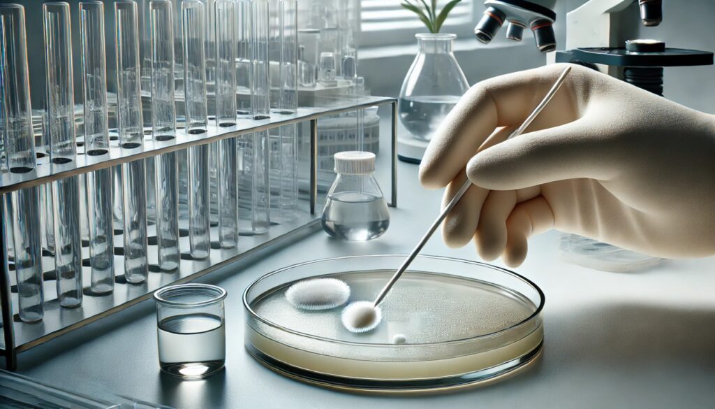 image of a Kirby-Bauer test being performed on an agar plate