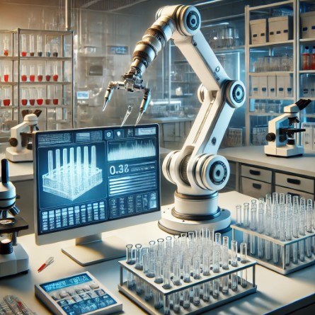 image showcasing laboratory robotics, featuring a robotic arm handling test tubes in a modern, high-tech lab setting.