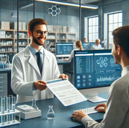 image demonstrating laboratory client service, featuring a lab technician interacting with a client, emphasizing the importance of communication, service, and satisfaction in a professional lab setting.