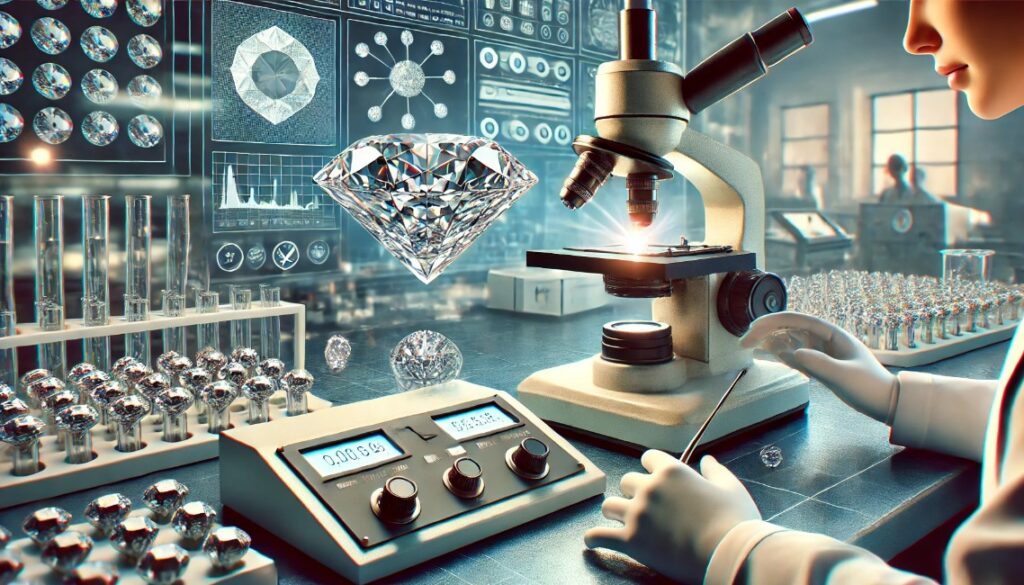 image showing the testing of a lab-grown diamond in a modern laboratory setting. It features a close-up view of a lab-grown diamond under a microscope