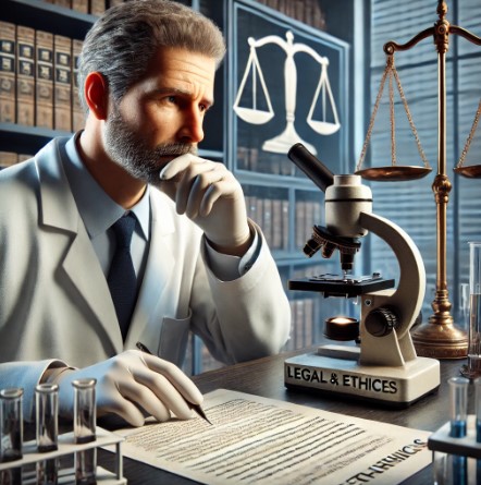 image illustrating legal and ethical considerations in a laboratory setting, featuring a more realistic depiction of a lab technician, emphasizing the importance of ethics and legal compliance in scientific work.