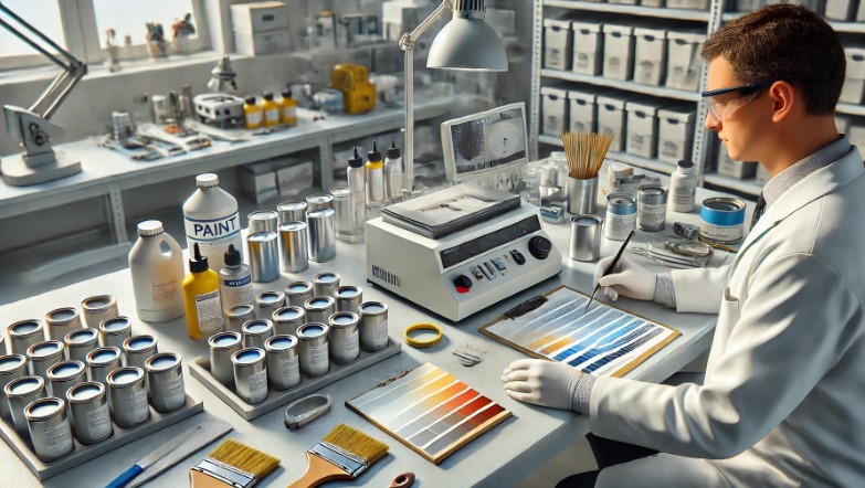 image showing paint testing being conducted on a lab bench in a realistic