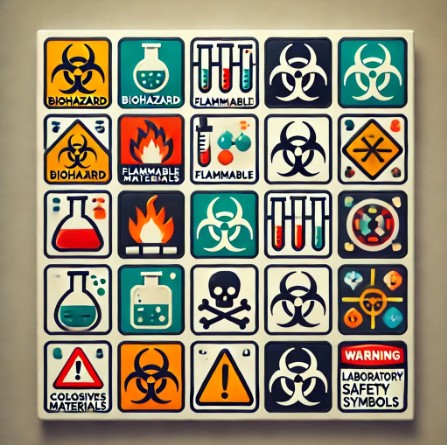 image showcasing various laboratory safety symbols, emphasizing the importance of safety in a laboratory environment.