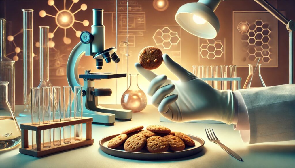 image showing a gloved hand holding a cookie with the background of a modern food testing laboratory. The scene emphasizes the scientific research and quality control processes involved in food testing.