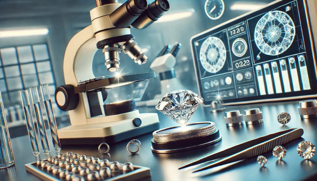 image depicting a modern laboratory setting focused on diamond testing. It showcases a diamond being examined under a microscope