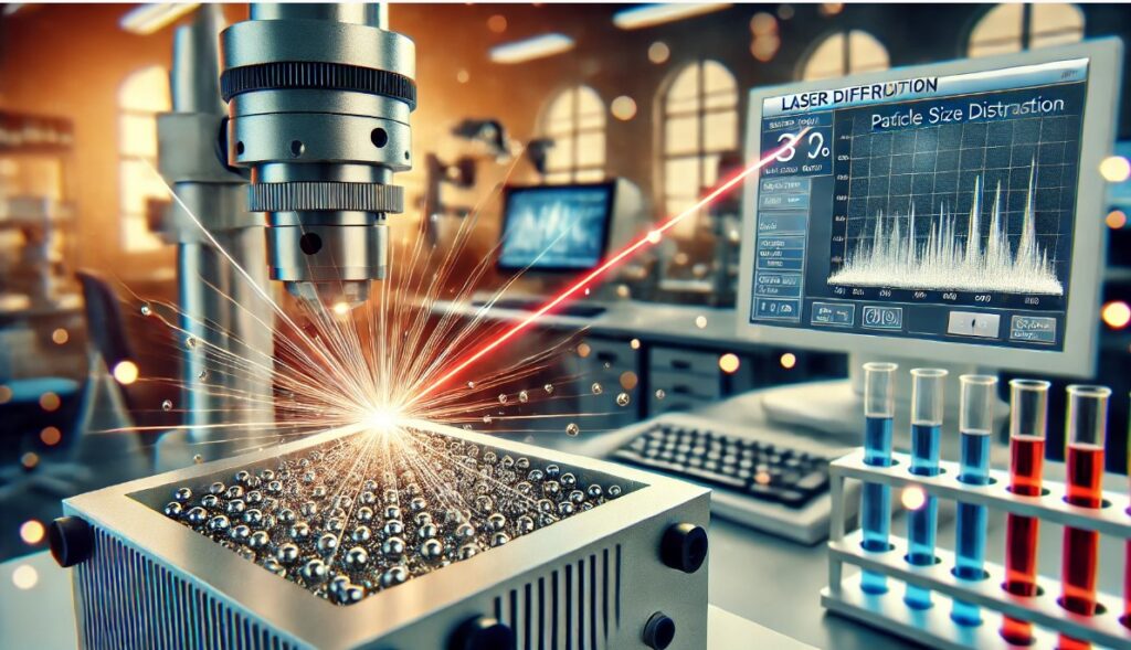 image depicting a laboratory scene with laser diffraction. It illustrates the operation of a laser diffraction instrument in a professional research environment.