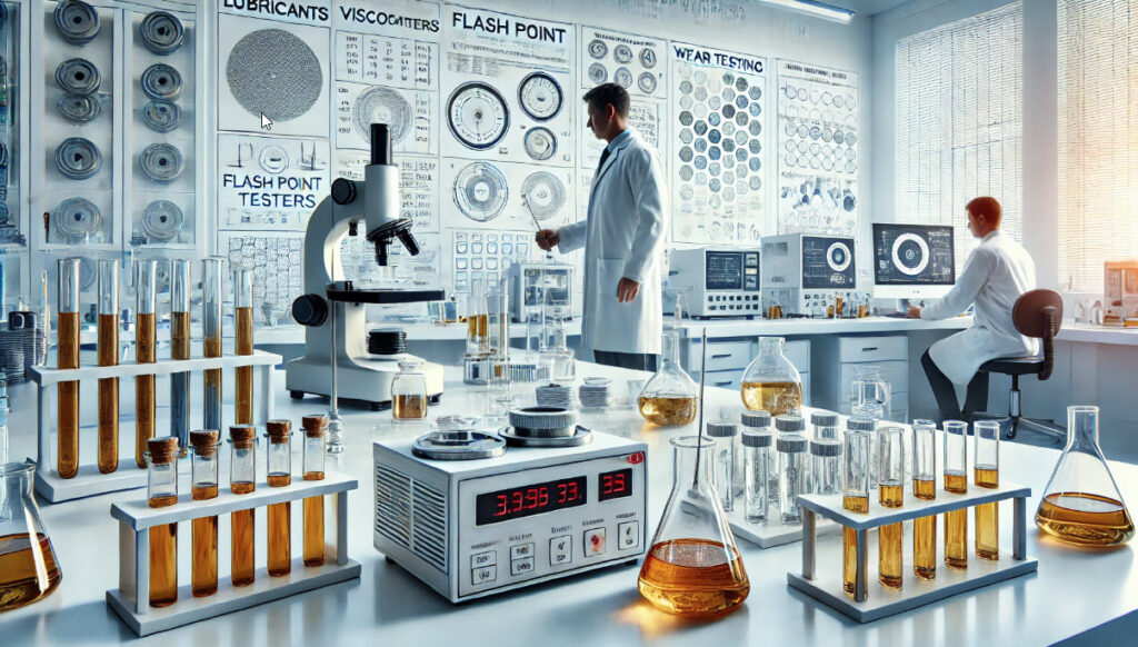 image illustrating the laboratory testing of lubricants. The scene includes lab technicians