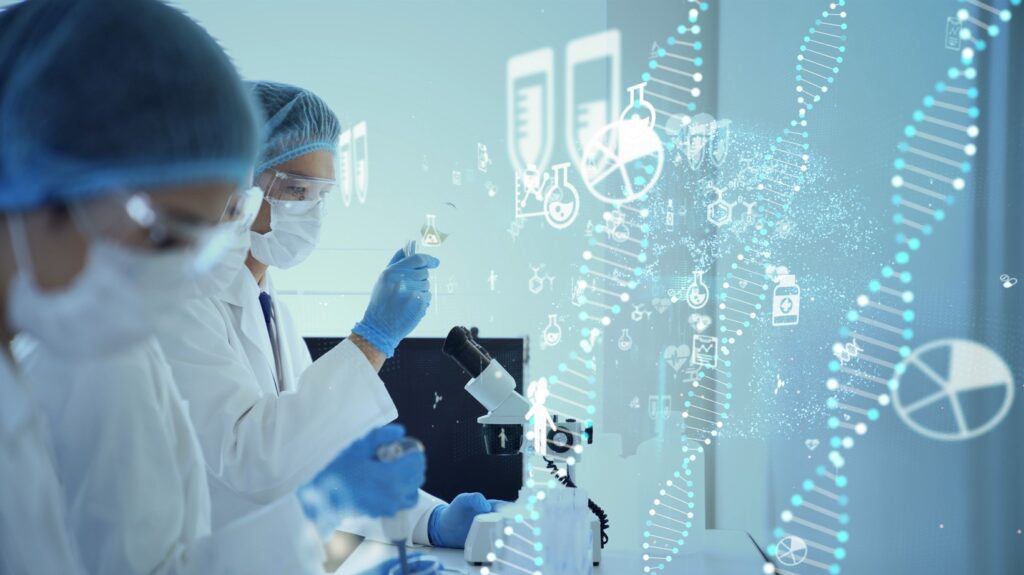 Image of 2 laboratory workers working with a microscope. An overlay of genetic code and DNA is visible in the image sugesting phenotypic vs genotypic approaches to microbial identification