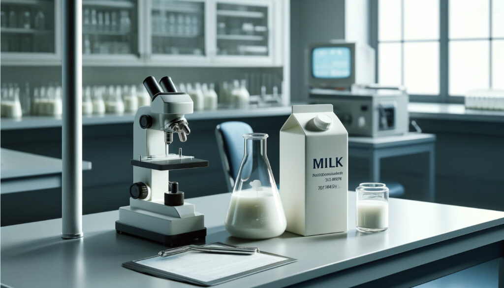 image of alboratory environment with microscope and flask filled with milk