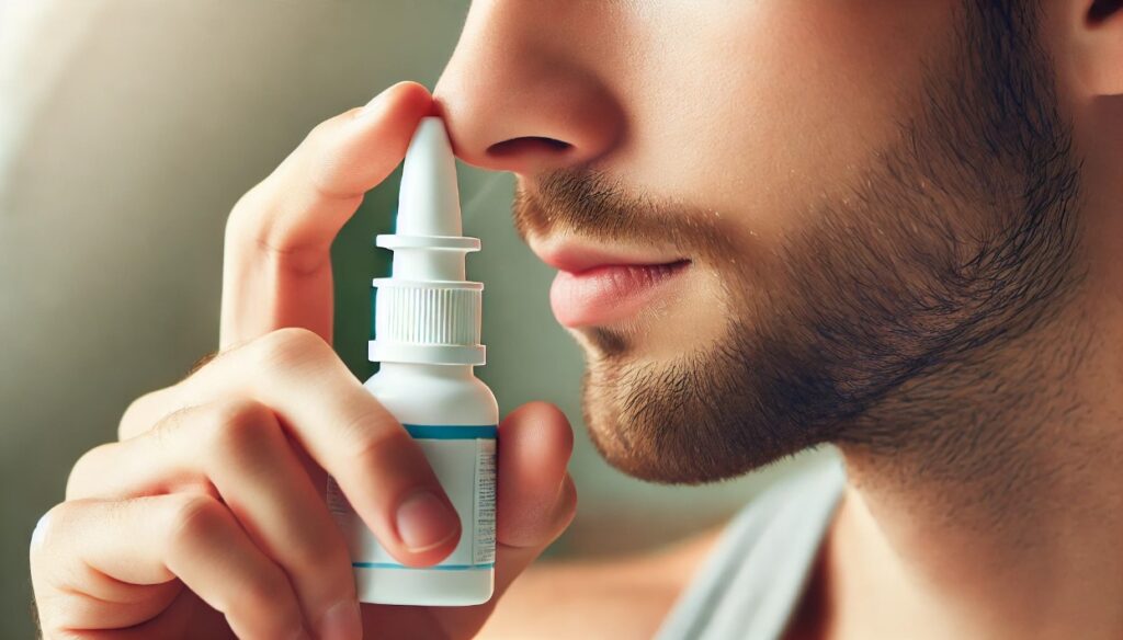 close-up image of a person using a nasal spray suggesting the imprtance of nasal spray testing
