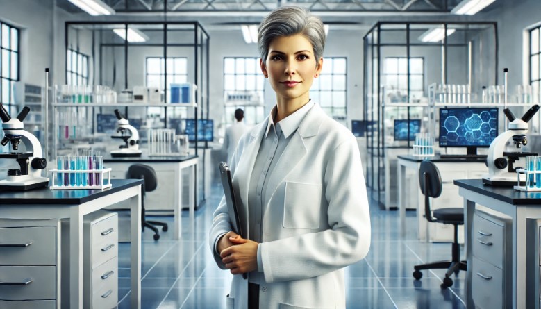 image of a female lab manager facing forward in front of a modern laboratory. The scene captures a professional and high-tech lab environment