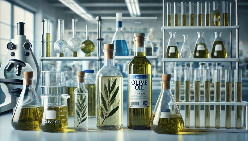 image featuring bottles of olive oil next to laboratory glassware in a clean