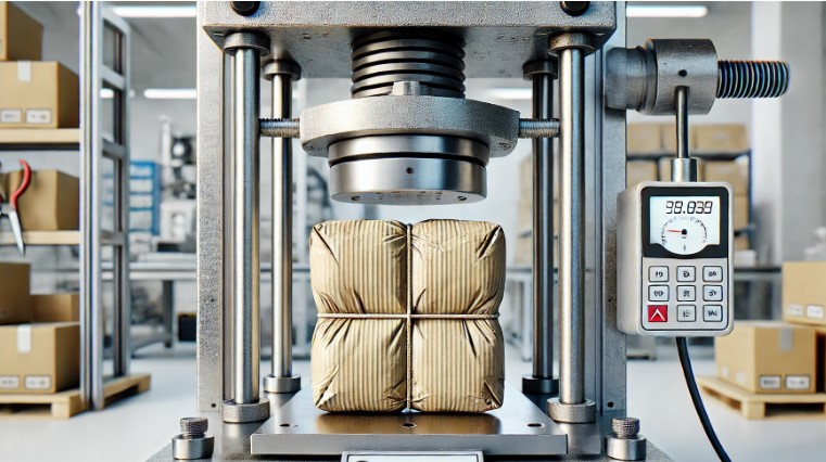 image showing a square package being crushed in a testing machine