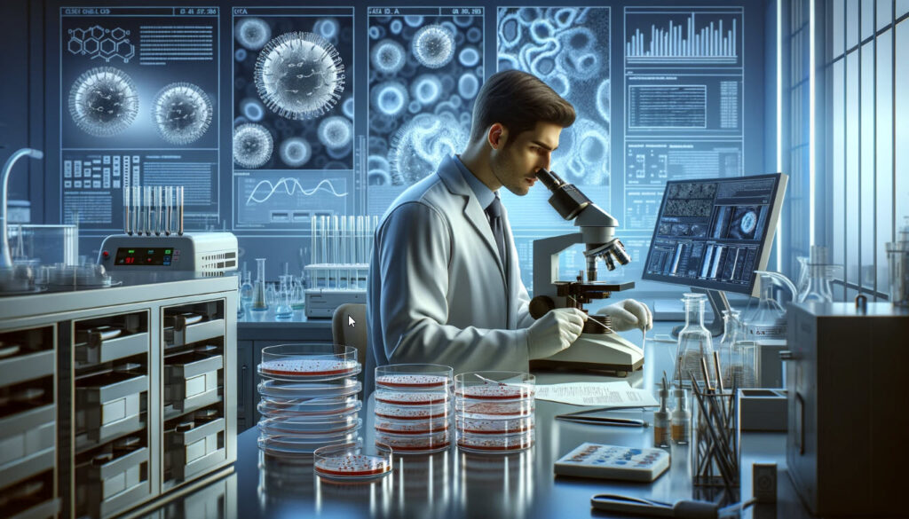 a laboratory professional at work in a microbiology lab