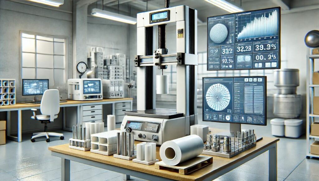image depicting a laboratory setting focused on polymer material performance testing. It features various polymer samples and advanced testing equipment