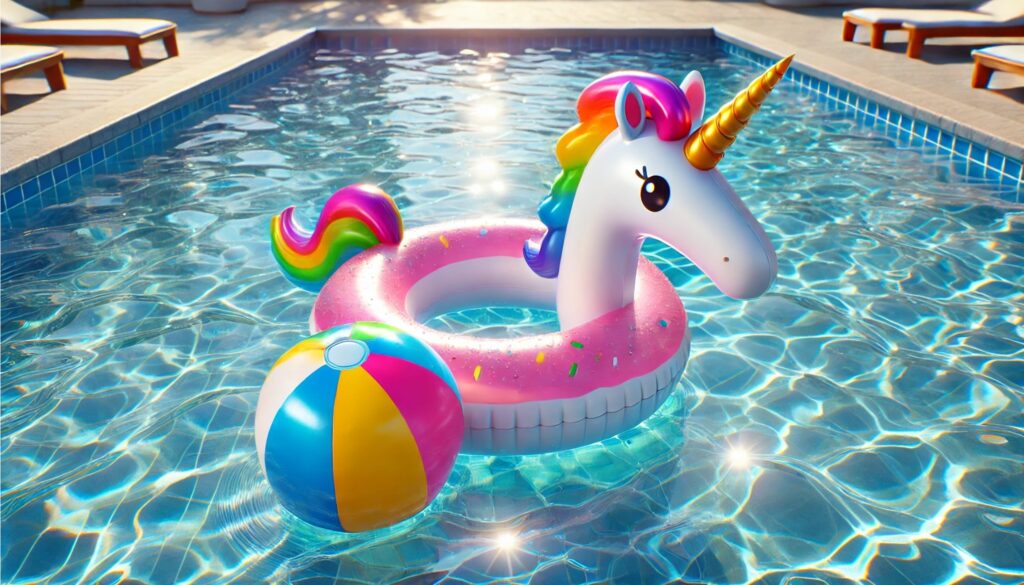 image featuring a floating unicorn ring and a beach ball in a swimming pool. The scene is bright and inviting