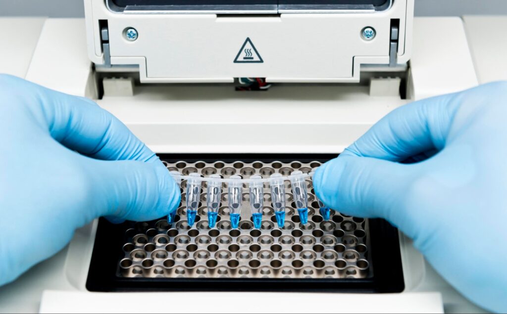 image of blue-golved hands placing a CPR stip into a thermal cycler demonstrating the importnace of rapid pathogen detection for clinical microbiology