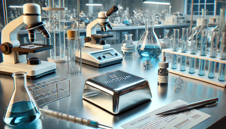 image showing a piece of rhodium on a modern lab bench