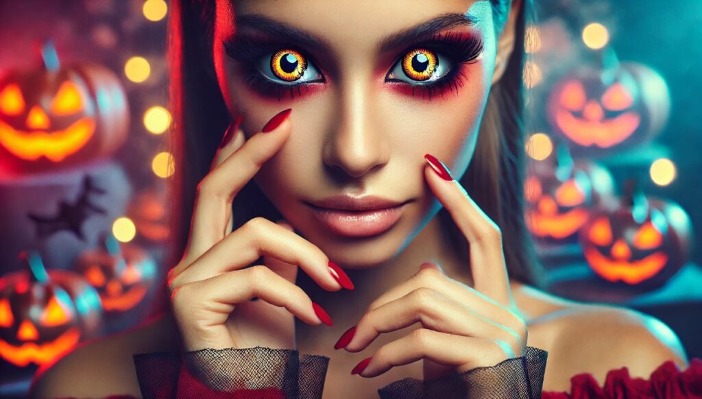 image of a woman wearing Halloween contact lenses emphasizing the impartance of safety testing of cosmetic lenses