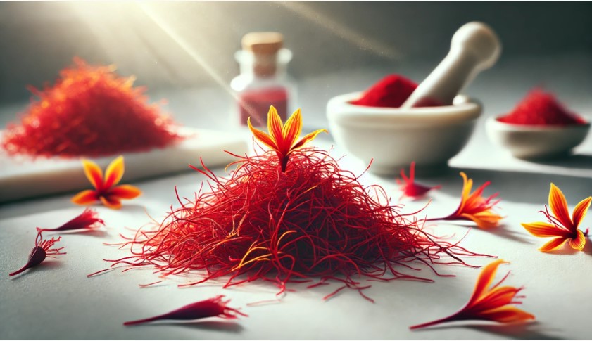 image of high-quality saffron. The image highlights the vibrant red-orange threads of saffron