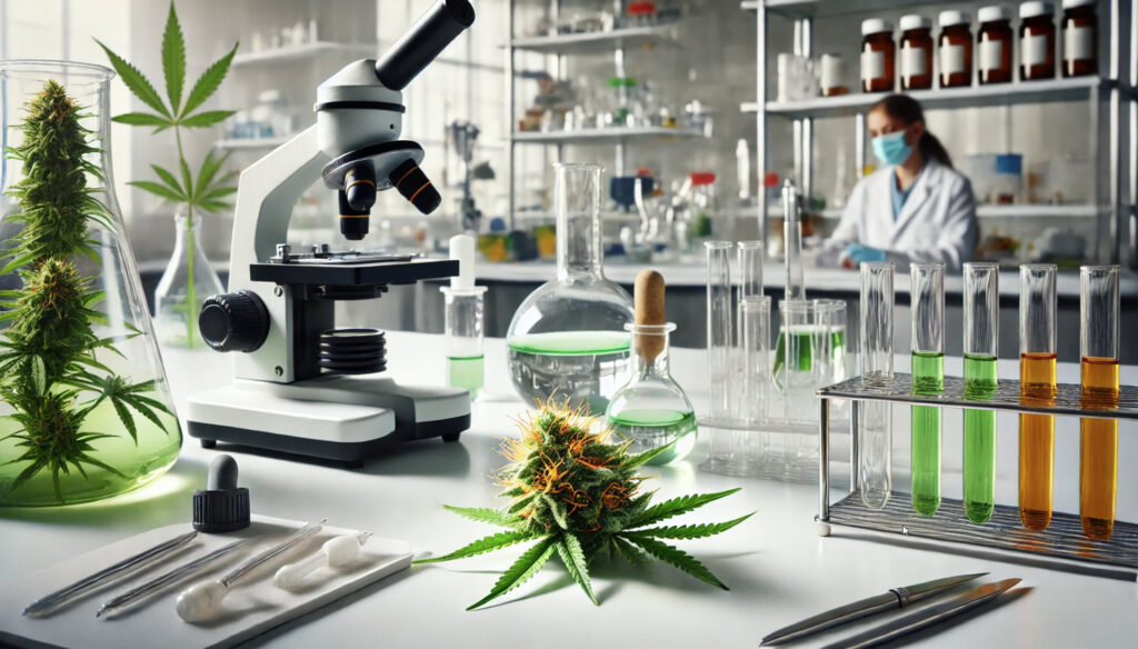 image showing a cannabis flower on a laboratory bench with scientific equipment. This setting highlights the professional and organized environment focused on cannabis testing