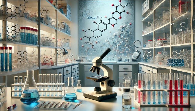 image of a modern pharmaceutical lab with the chemical structure of semaglutide artfully integrated into the background