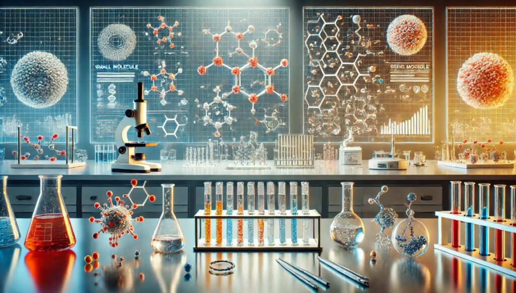 image illustrating both small and large molecules in a modern pharmaceutical lab setting. The scene captures the dual focus on small molecule drug development and large molecule (biologics) research