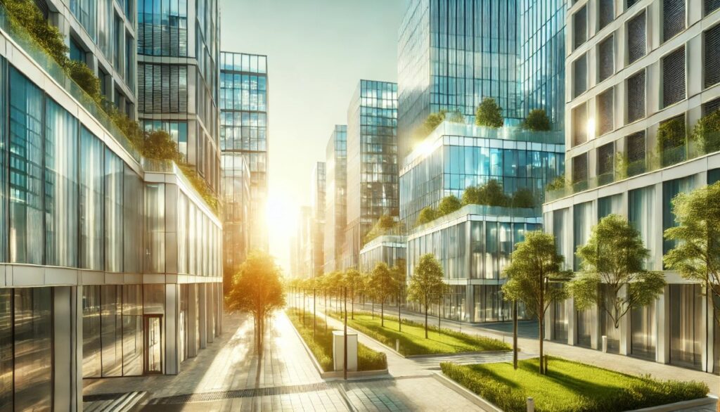Modern urban landscape featuring energy-efficient buildings with high Solar Reflectance Index (SRI) materials