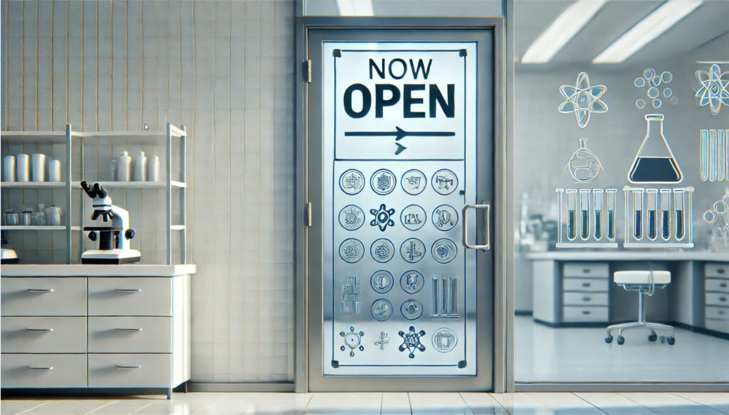image of a door to a laboratory with a "Now Open" sign: This image depicts a professional laboratory door