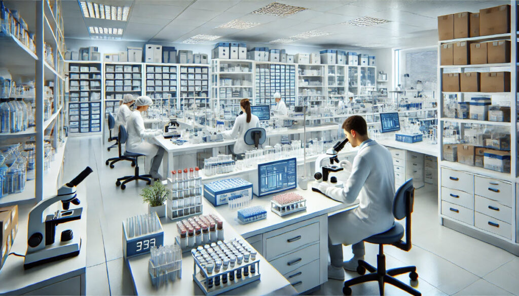 mage of a modern laboratory environment where technicians are performing routine laboratory testing.