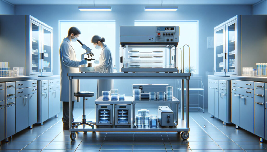 a laboratory scene where scientists are focused on conducting sterility testing