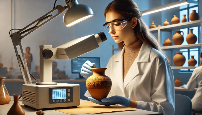 image of a woman scientist engaged in art authentication using thermoluminescence testing. The scene captures her focused and professional approach in a well-equipped laboratory setting