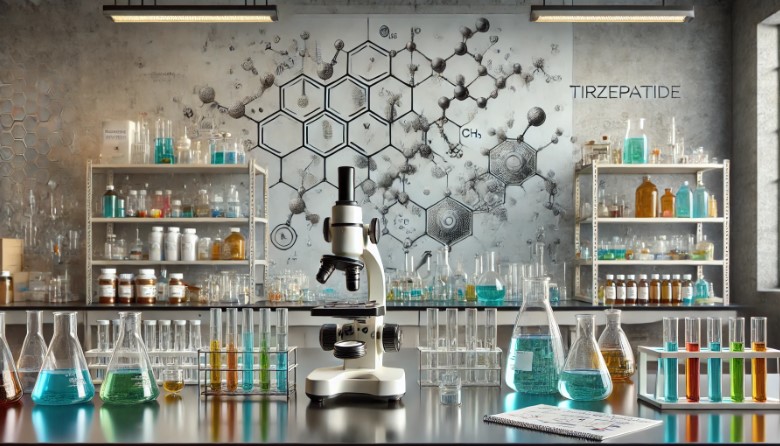 image of a pharmaceutical testing lab with various scientific equipment and an artful depiction of the chemical structure of tirzepatide integrated into the background