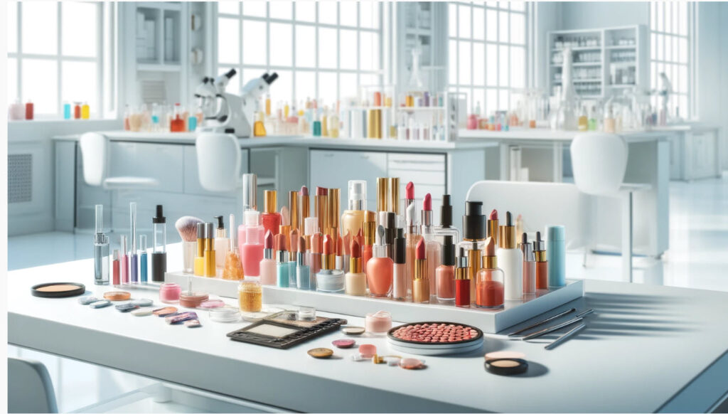 images shows multiple cosmetic products on a white laboratory bench