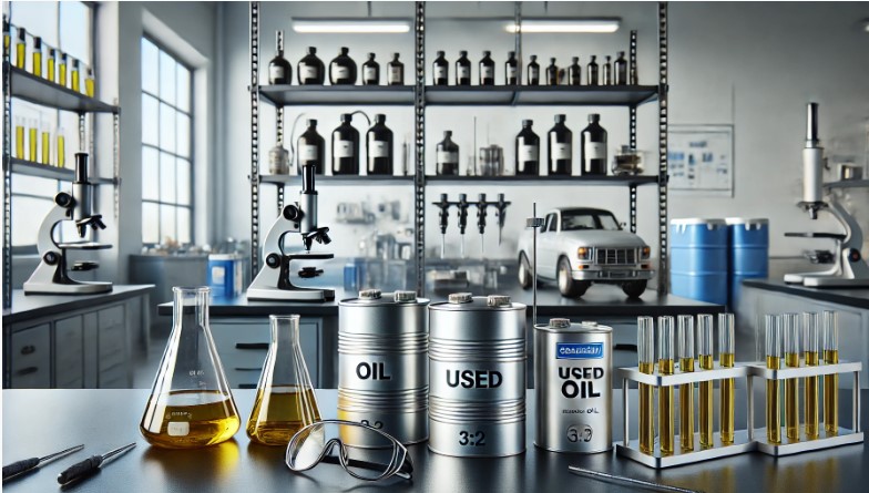 image showing a modern laboratory bench with cans of engine oil and flasks of used oil