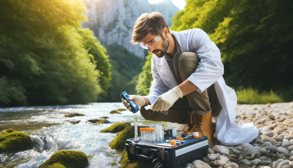 illustration of a scientist taking water samples from a creek