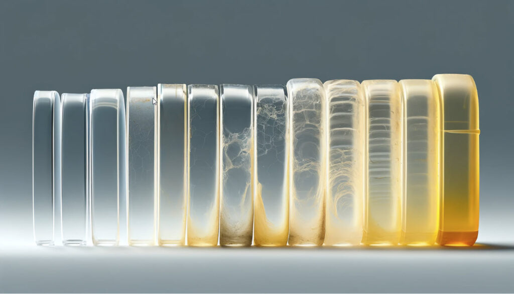 An image showing the yellowing of clear plastics over time